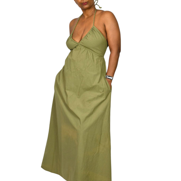 Xirena Maggie Halter Dress Green Olive Maxi Poplin Cotton Sundress Pockets XS - Picture 15 of 16